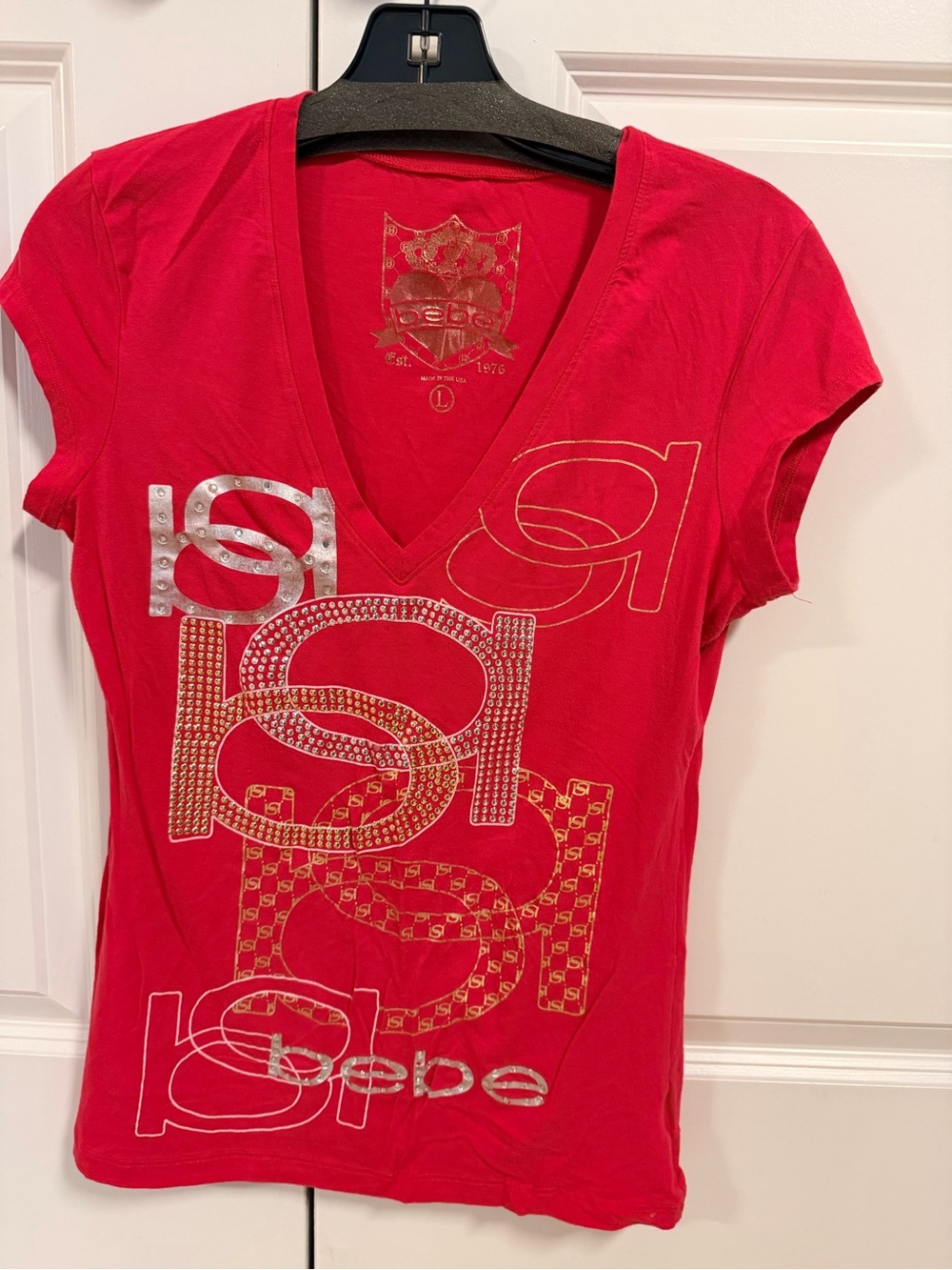 bebe Red V-Neck Rhinestone Logo Tee - Picture 2 of 3